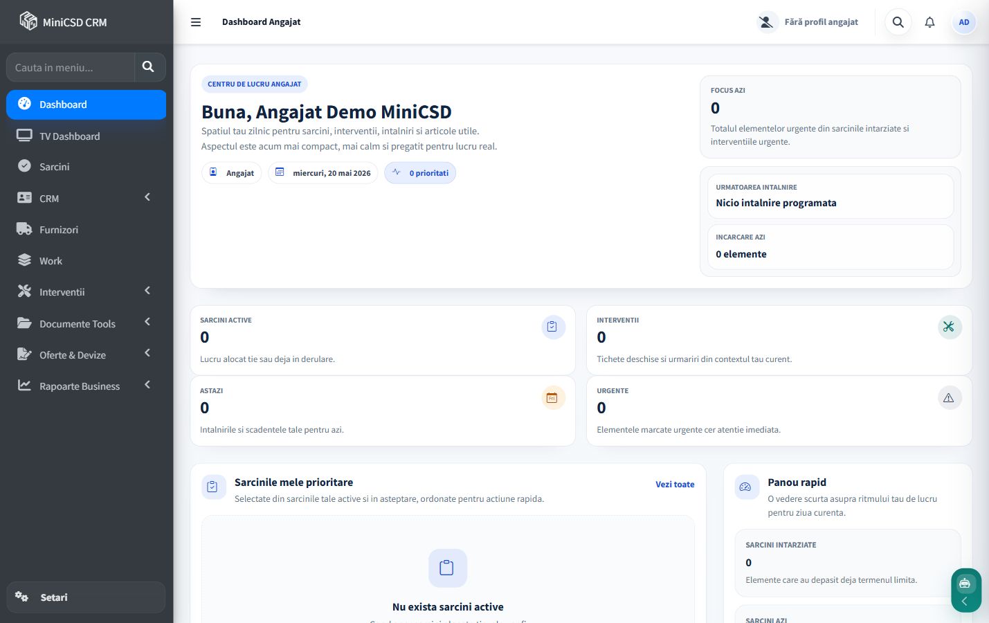 Dashboard angajat in aplicatia MiniCSD